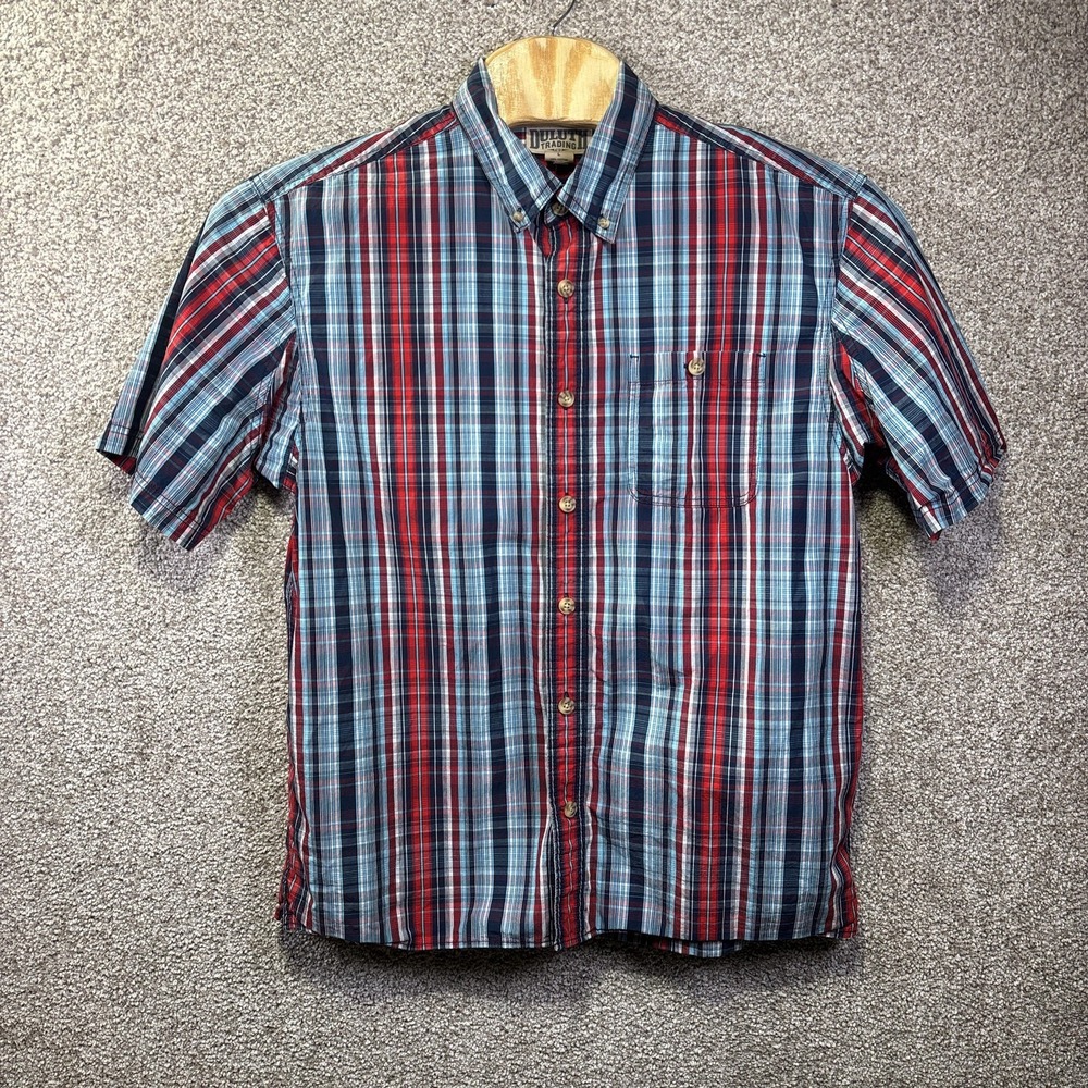 Duluth Trading Co Mens Large Red Blue Plaid Short Sleeve Button Down Shirt - Picture 2 of 6